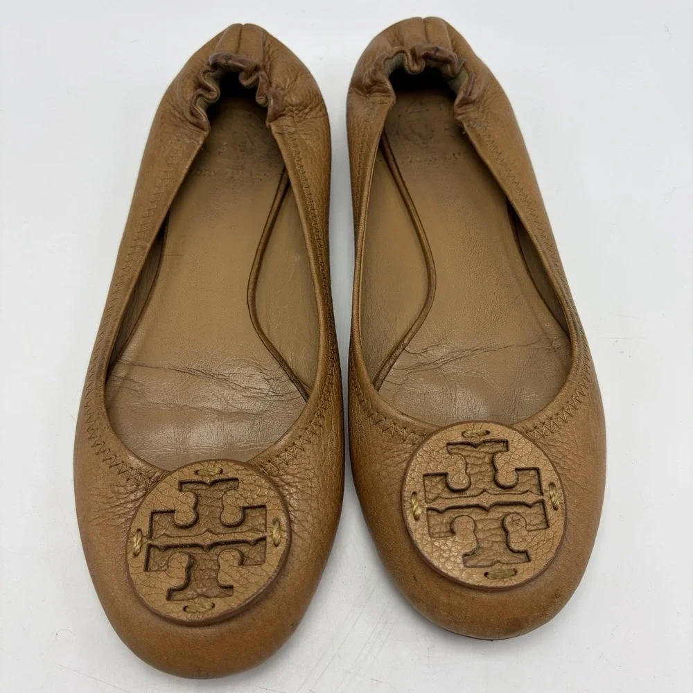 Tory Burch Reva Ballet Flats Womens 6 Royal Tan Slip On Designer Old Money Read